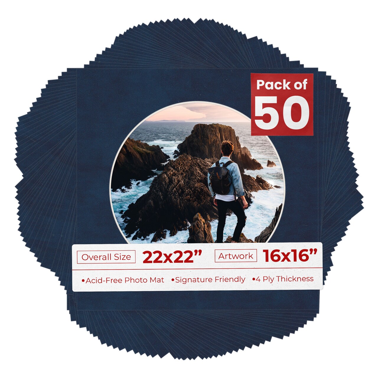 Navy Suede Mat Board for 22x22 Frames - Circle Opening for 16x16 Photos